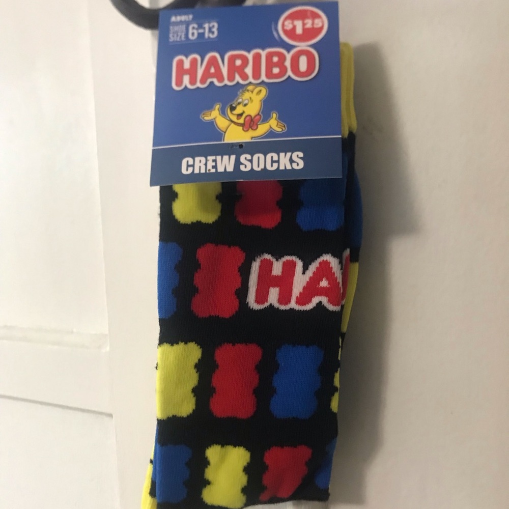 NWT HARIBO Men’s Crew Socks with Red, Blue & Yellow Gummy Pattern 🐻